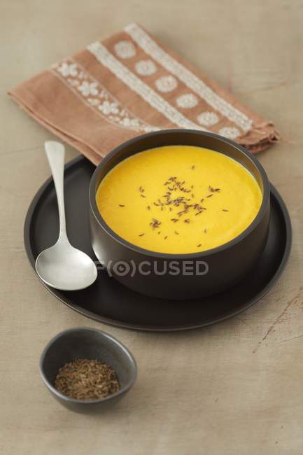 Sopa de calabaza y zanahoria cremosa - foto de stock