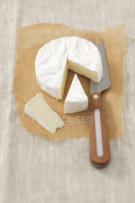 Partly sliced Camembert cheese — Stock Photo