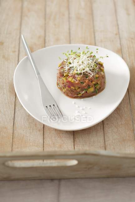 Vista sopraelevata di anatra tartare con germogli commestibili e forchetta su piastra bianca — Foto stock