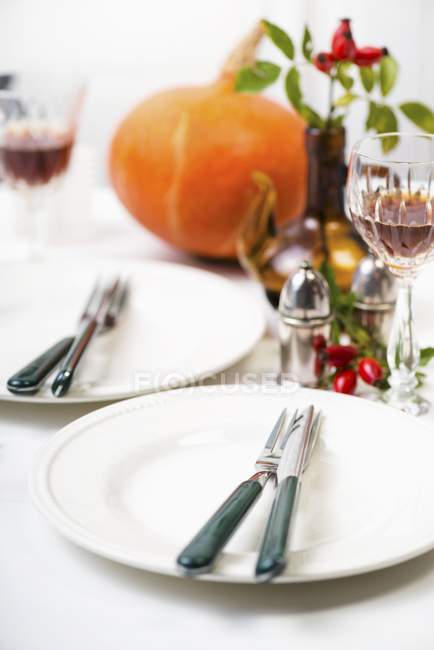 Two place settings on a table with autumnal decorations — Stock Photo