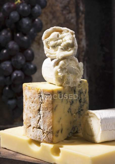 Various cheeses with grapes — Stock Photo