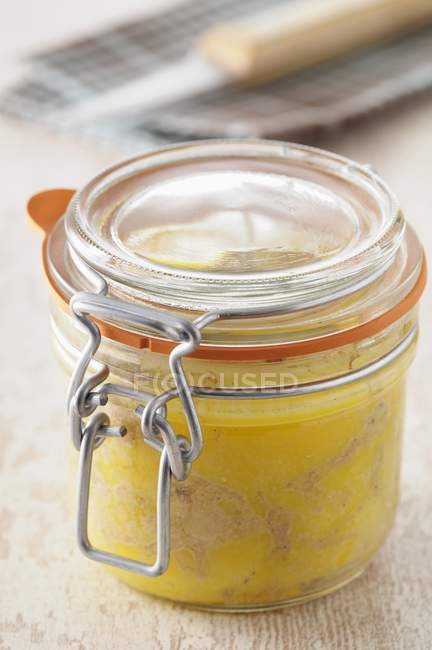 Foie gras in glass jar — Stock Photo