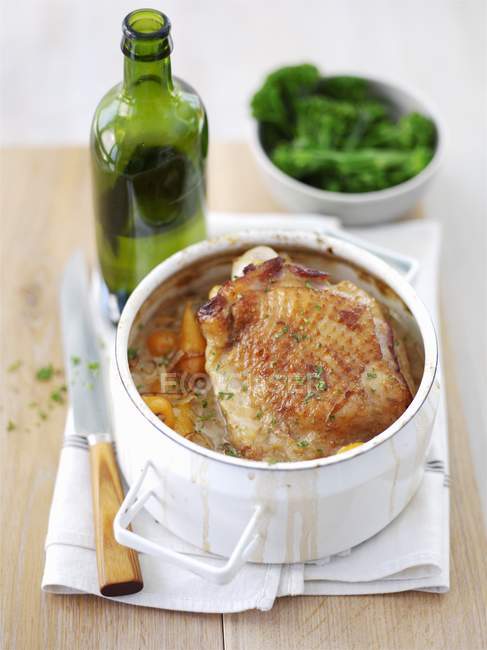Elevated view of turkey braised in cider — Stock Photo