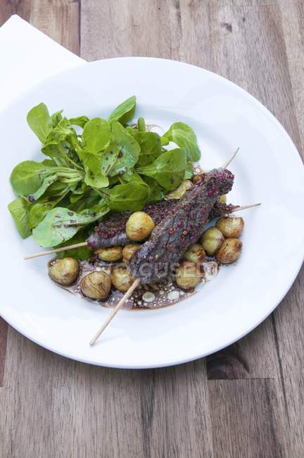 Rehspieße mit Brunnenkresse-Salat — Stockfoto