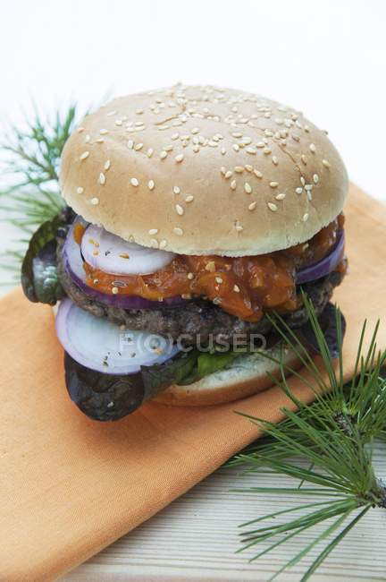 Venison burger with apricot chutney — Stock Photo
