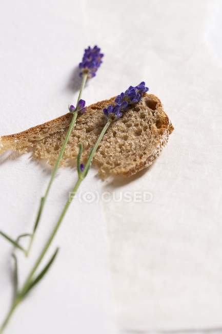 Bread and lavender flowers — Stock Photo