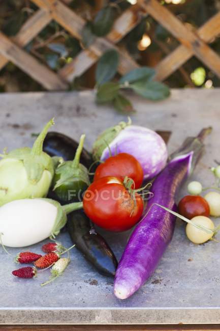 Freshly Picked Vegetables Outside  on wooden surface — Stock Photo