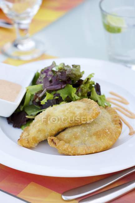 Empanadas auf Teller mit grünem Salat — Stockfoto
