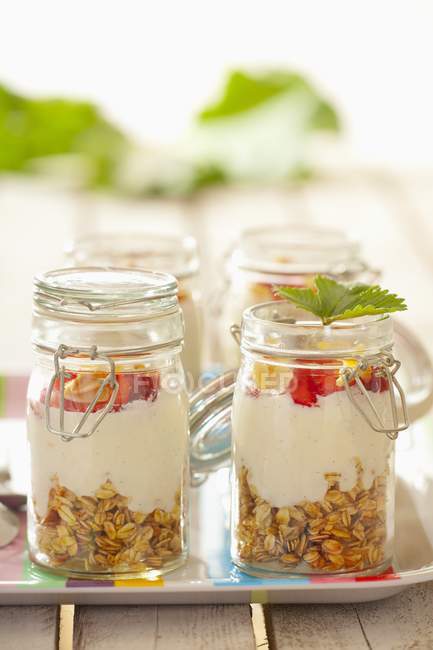 Muesli with oats in jars — Stock Photo