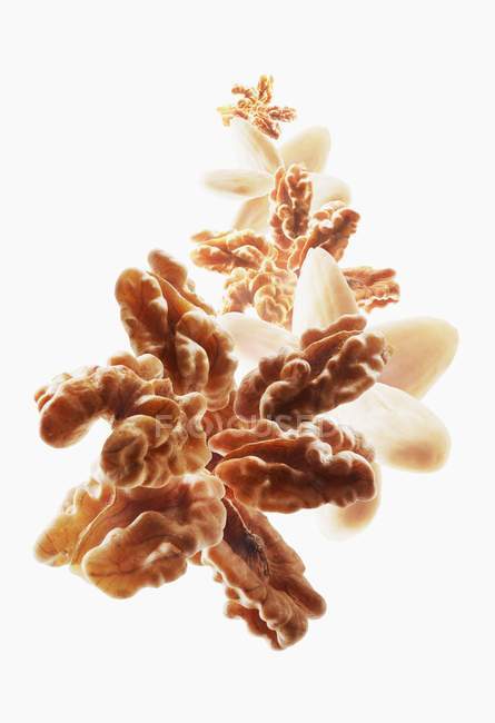 Орехи и миндаль на белом фоне — стоковое фото