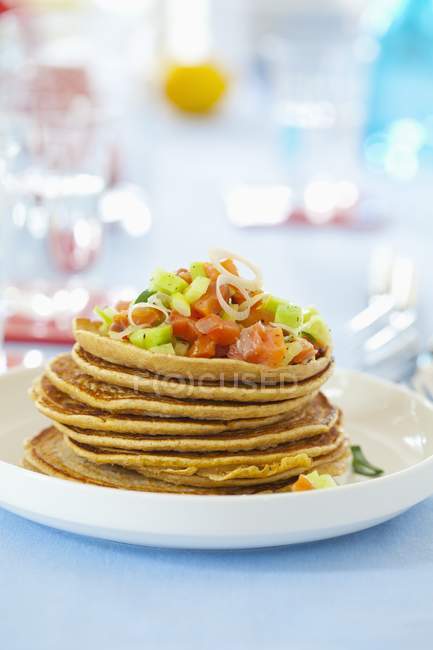 Wholemeal pancakes with salmon — Stock Photo