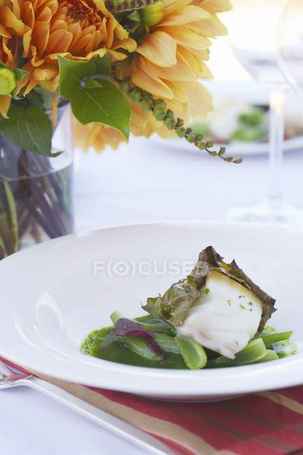 Halibut Wrapped in Grape Leaf — Stock Photo