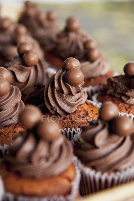 Cupcakes with chocolate frosting — Stock Photo