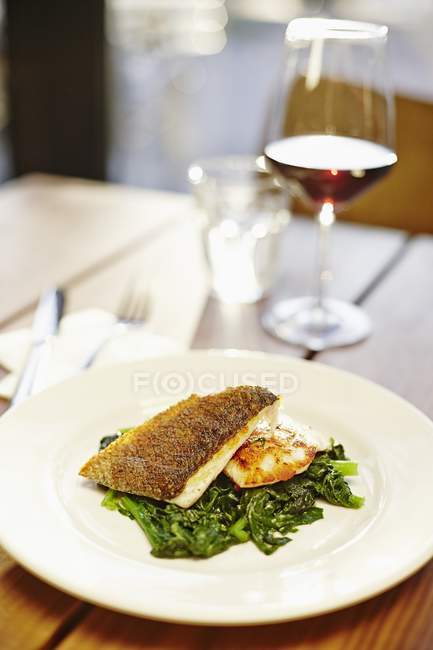 Fillet of bass on broccolini — Stock Photo
