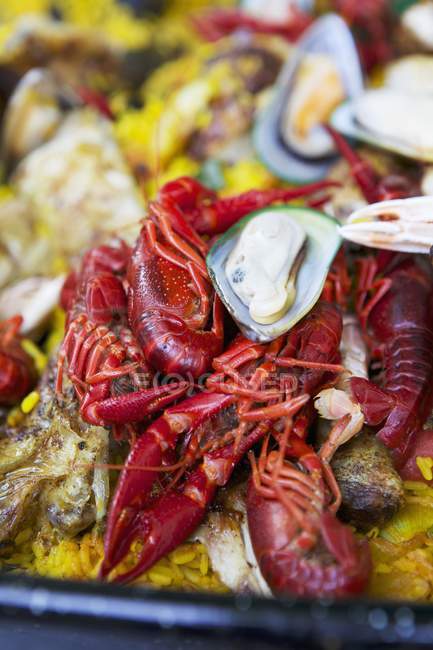 Paella com lagostins e mexilhões — Fotografia de Stock
