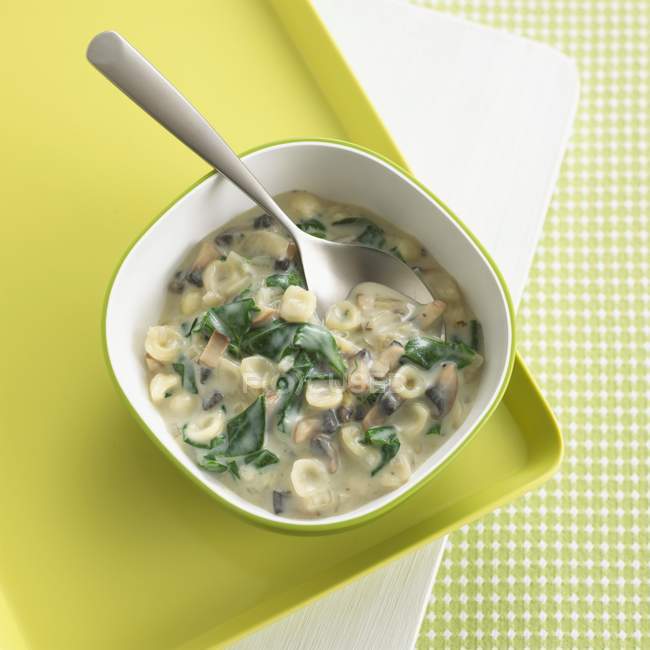Gnocchi pasta with spinach and mushrooms — Stock Photo