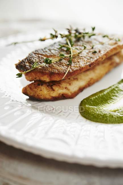 Roasted Sea Bass with Salsa Verde — Stock Photo