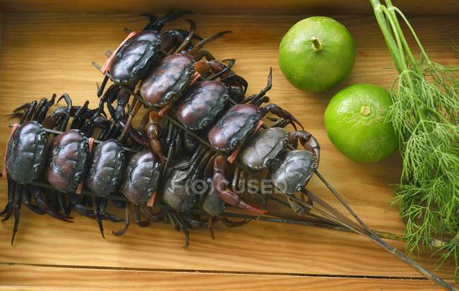Closeup view of crayfish skewers with limes and dill — Stock Photo