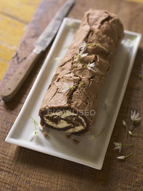 Closeup view of chocolate Swiss roll with flowers — Stock Photo