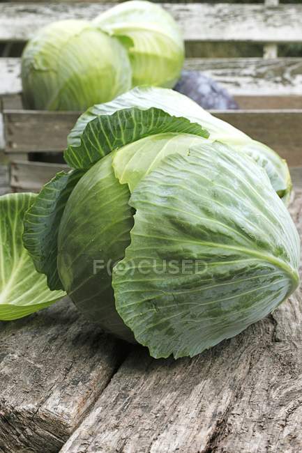 White cabbages in wooden crate — Stock Photo