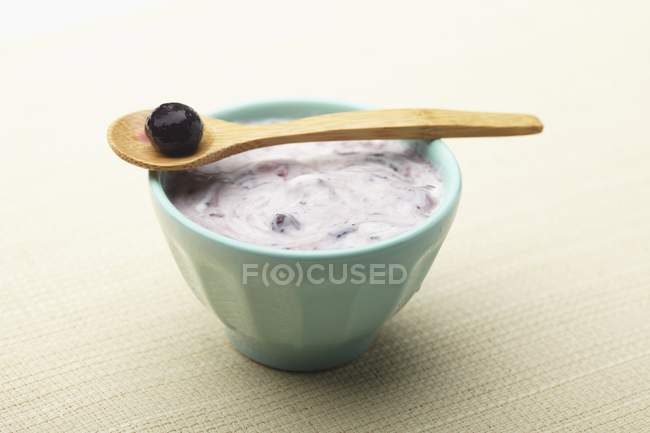 Vista close-up de iogurte grego com mirtilo na colher de madeira — Fotografia de Stock