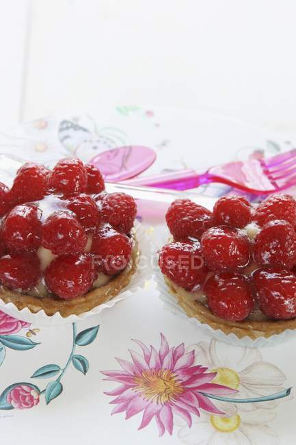 Strawberry tartlets on floral tablecloth — Stock Photo