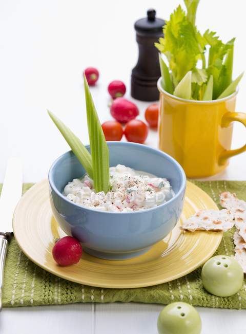 A radish dip with celery in blue bowl over yellow plate — Stock Photo