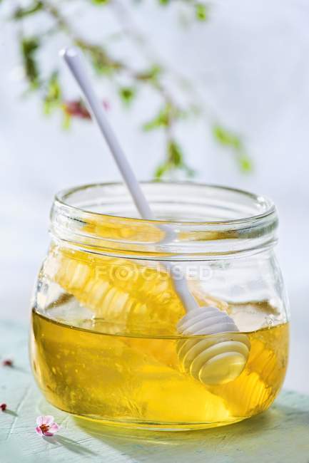 Mel com favo de mel e colher — Fotografia de Stock