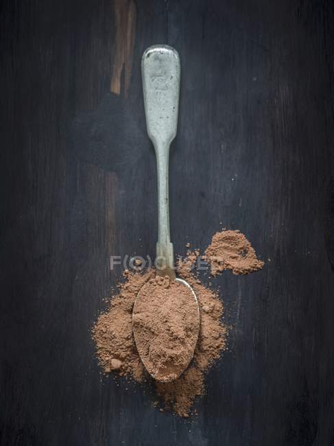 Vista dall'alto di cacao in polvere su un cucchiaio — Foto stock
