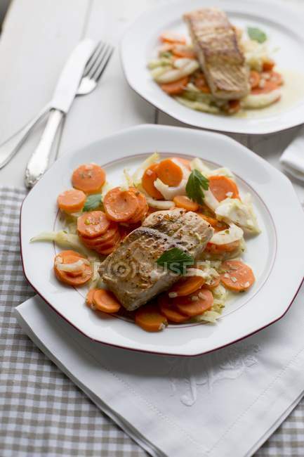 Saumon sauvage sur un medley de fenouil et de carotte — Photo de stock