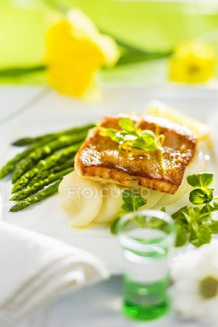Rosefish with asparagus and mashed potato — Stock Photo