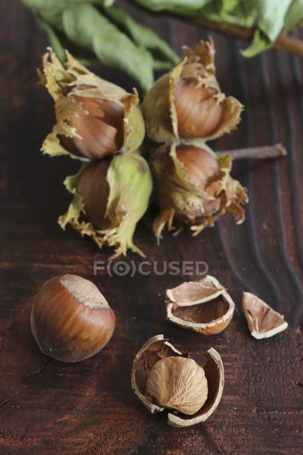 Cracked and whole hazelnuts — Stock Photo