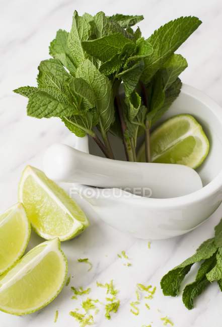 Lemon balm and lime wedges — Stock Photo