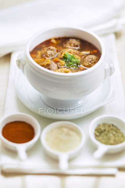 Primo piano vista della zuppa di trippa con Terrina e spezie — Foto stock