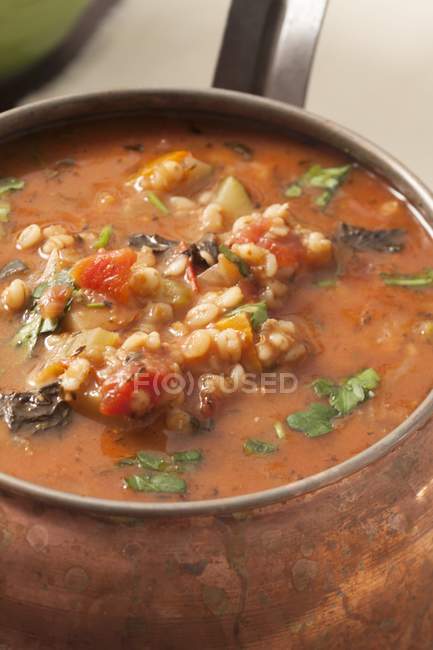 Sopa de cevada com verduras em um pote de cobre — Fotografia de Stock