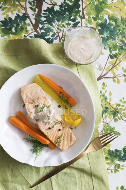 Salmón escalfado con zanahorias - foto de stock