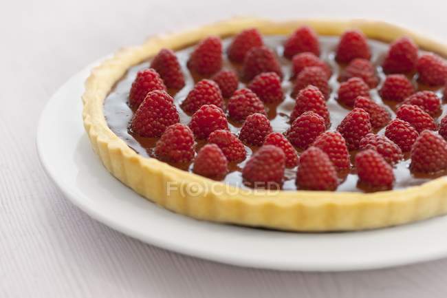 Tart with chocolate cream and raspberries — Stock Photo