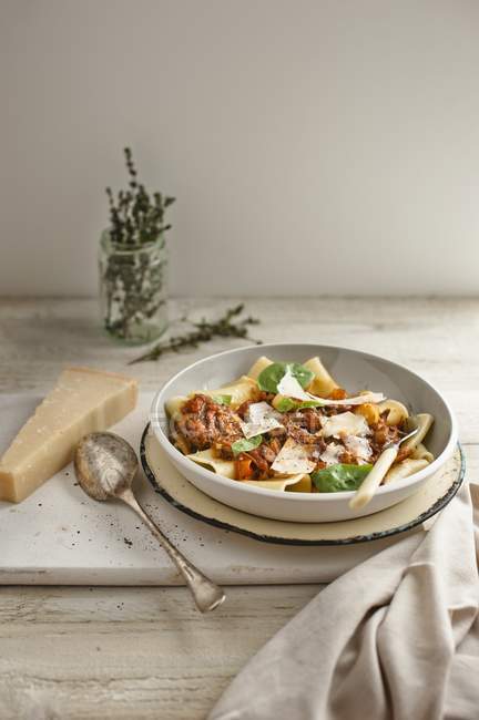 Tagliatelle pasta with beef ragout — Stock Photo