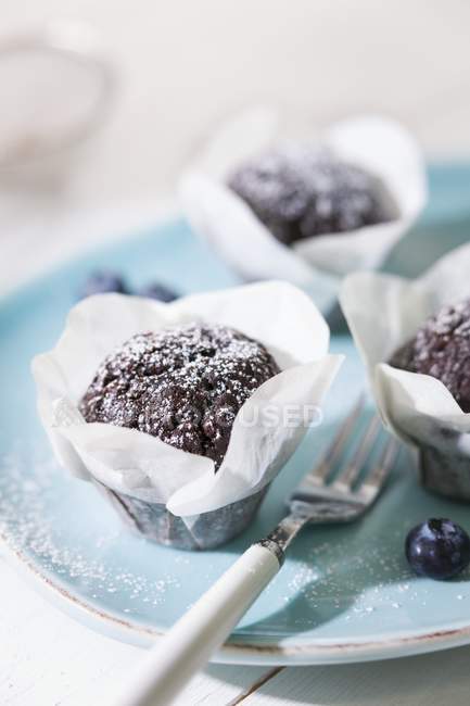 Muffins de chocolate com açúcar gelado — Fotografia de Stock