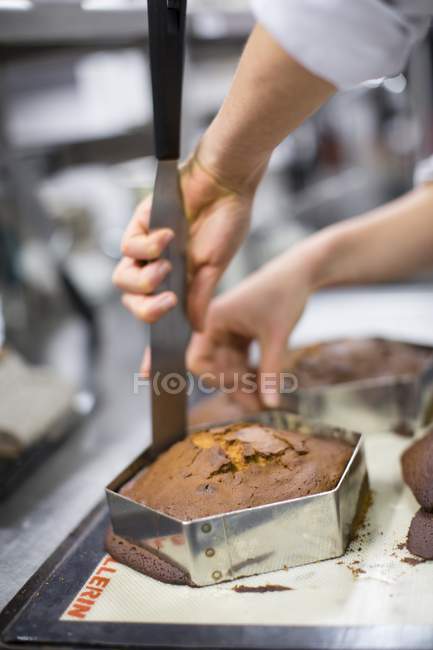 Cropped view of hands removing a cake from a baking tin — Stock Photo