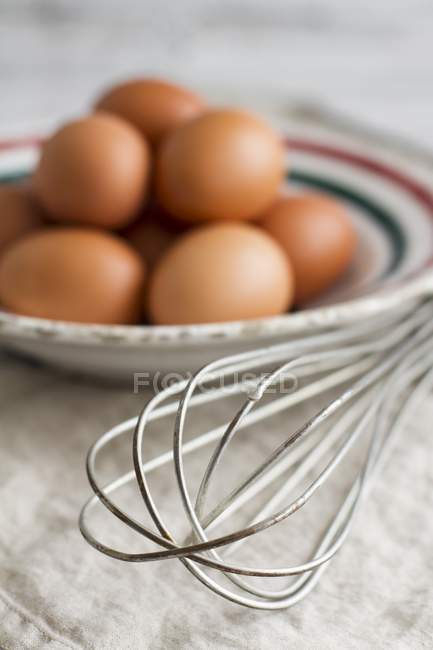 Whisk with plate of brown eggs — Stock Photo