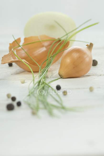 Cebolla fresca en rodajas y cebollino - foto de stock