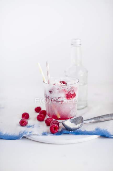 Ice cream scoop and fresh raspberries — Stock Photo