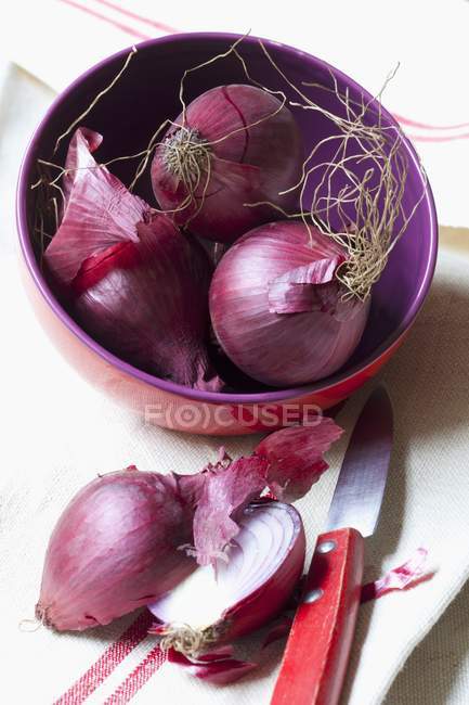 Cebollas rojas en tazón - foto de stock