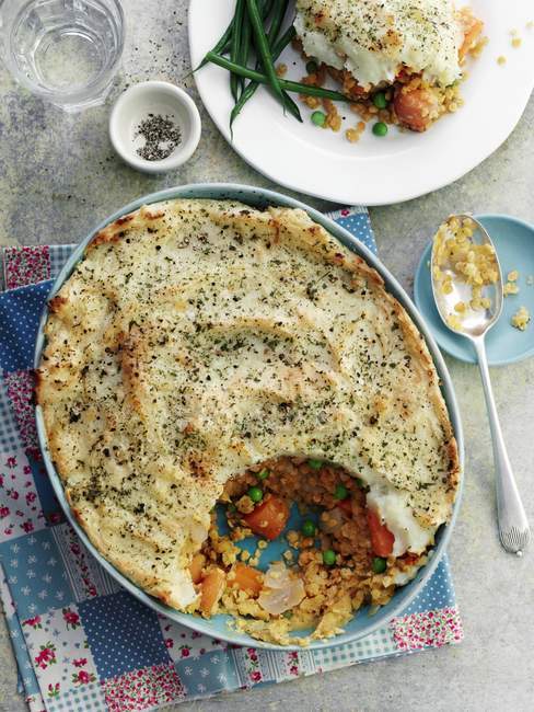 Top view of Shepherds pie with lentils — Stock Photo