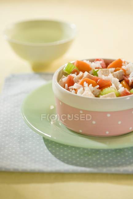 Рис с курицей в миске — стоковое фото