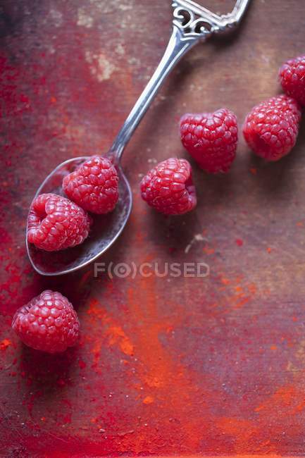 Framboesas frescas com colher — Fotografia de Stock