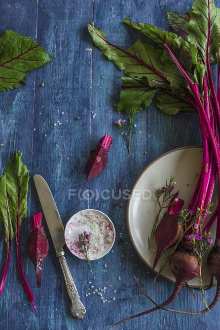 Fresh beetroot with leaves and sea salt — Stock Photo