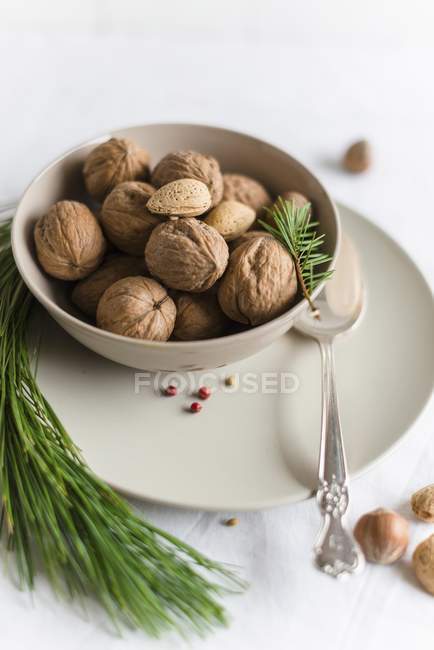 Миска з волоських горіхів і мигдалю — стокове фото