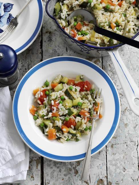 Risotto misto di verdure su piatto bianco e blu con forchetta — Foto stock